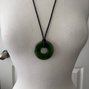 Green Jade Donut Pendant on Black Cord